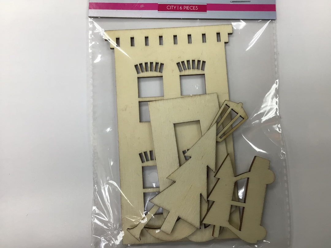 WOOD CUT OUTS CITY 6PC