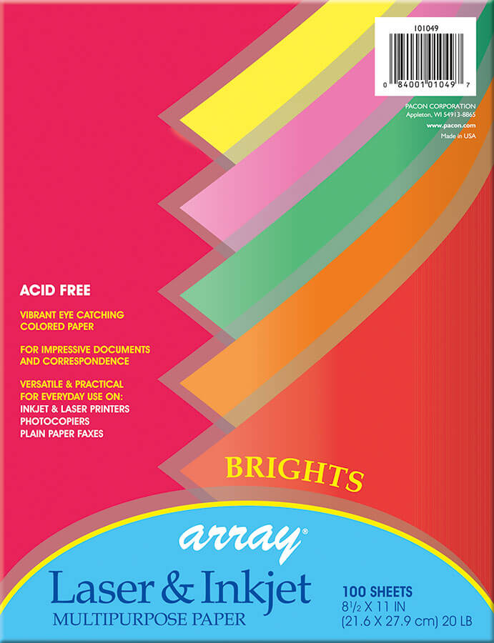 COPY PAPER: 20LB 8 1/2"X11" ASSORTED BRIGHT PAPER 100 SHEETS