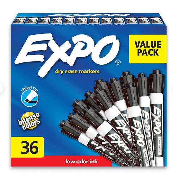 MARKER EXPO DRY ERASE LOW ODOR BLACK, CHISEL - 36 PACK