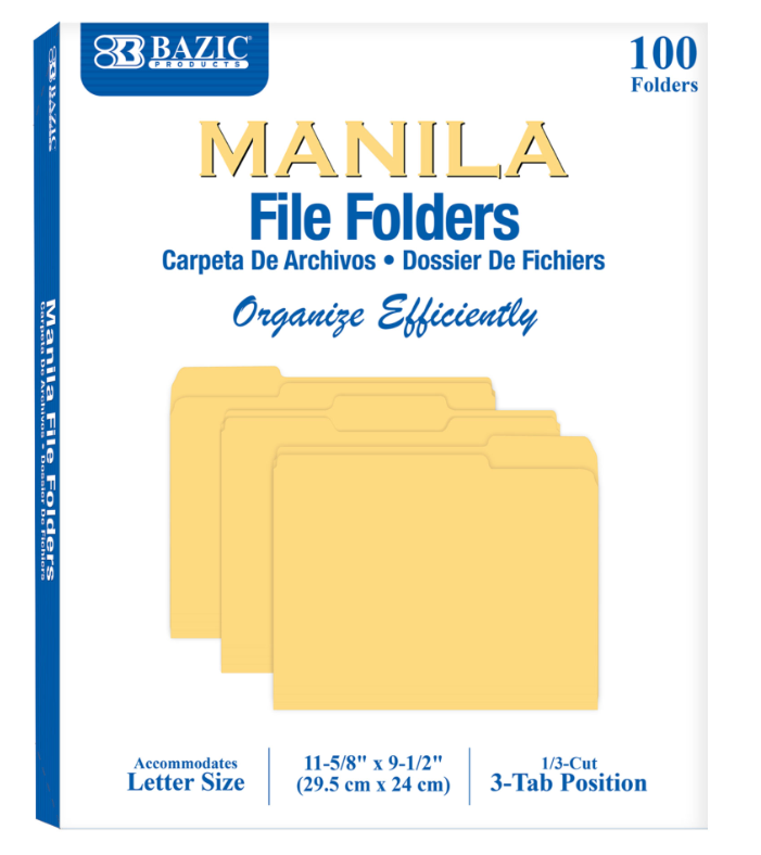 MANILA FOLDERS FILE LETTER 1/3 CUT - 100 PACK