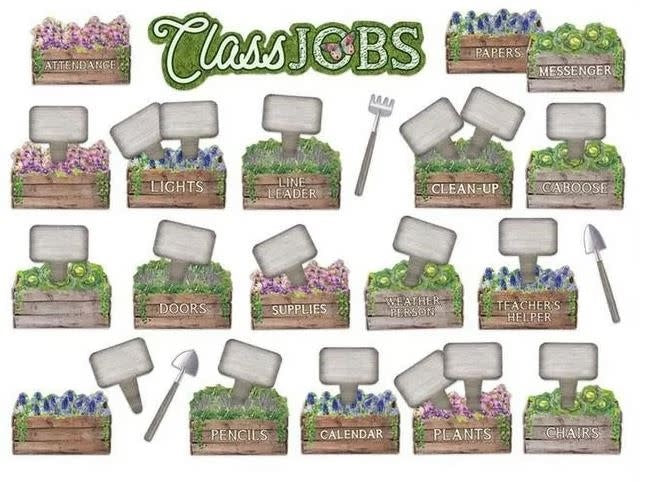 Bulletin Board Set Curiosity Garden Class Jobs - 54 Pieces