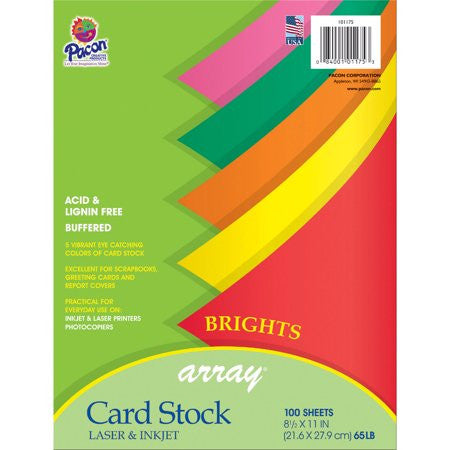 CARDSTOCK: 65LB 8 1/2"X11" Assorted  Bright Colors 100 sheets