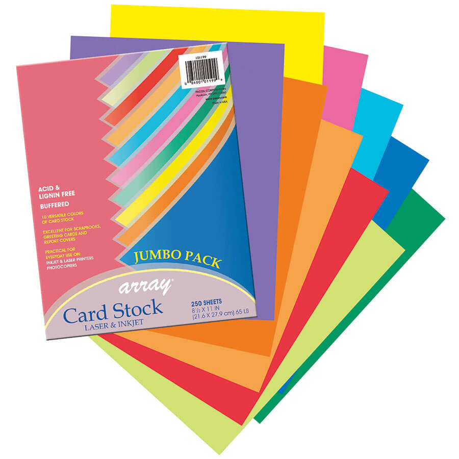 CARDSTOCK: 65LB 8 1/2"X11"   ASSORTED BOLD COLORS 250 SHEETS