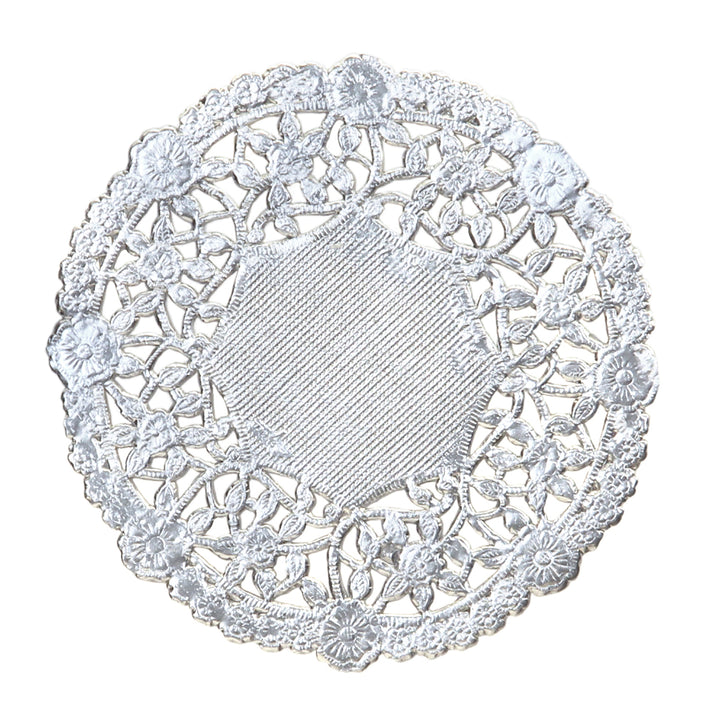PAPER LACE DOILIES: 4"  ROUND SILVER 12PCS