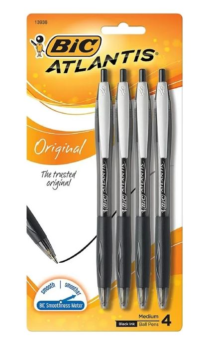 PENS:  BIC ATLANTIS RETRACTABLE,  BLACK - 4 PACK