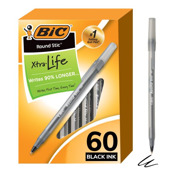 BIC PEN ROUND STICK BLACK 60 PACK