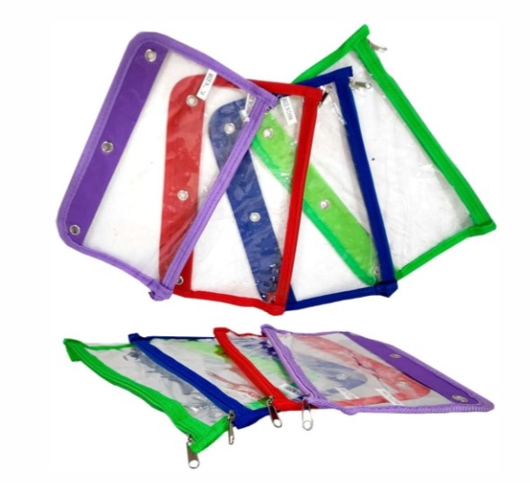 PENCIL POUCH: 3 PRONG  ASSORTED COLORS 7" X10"  WITH ZIPPER